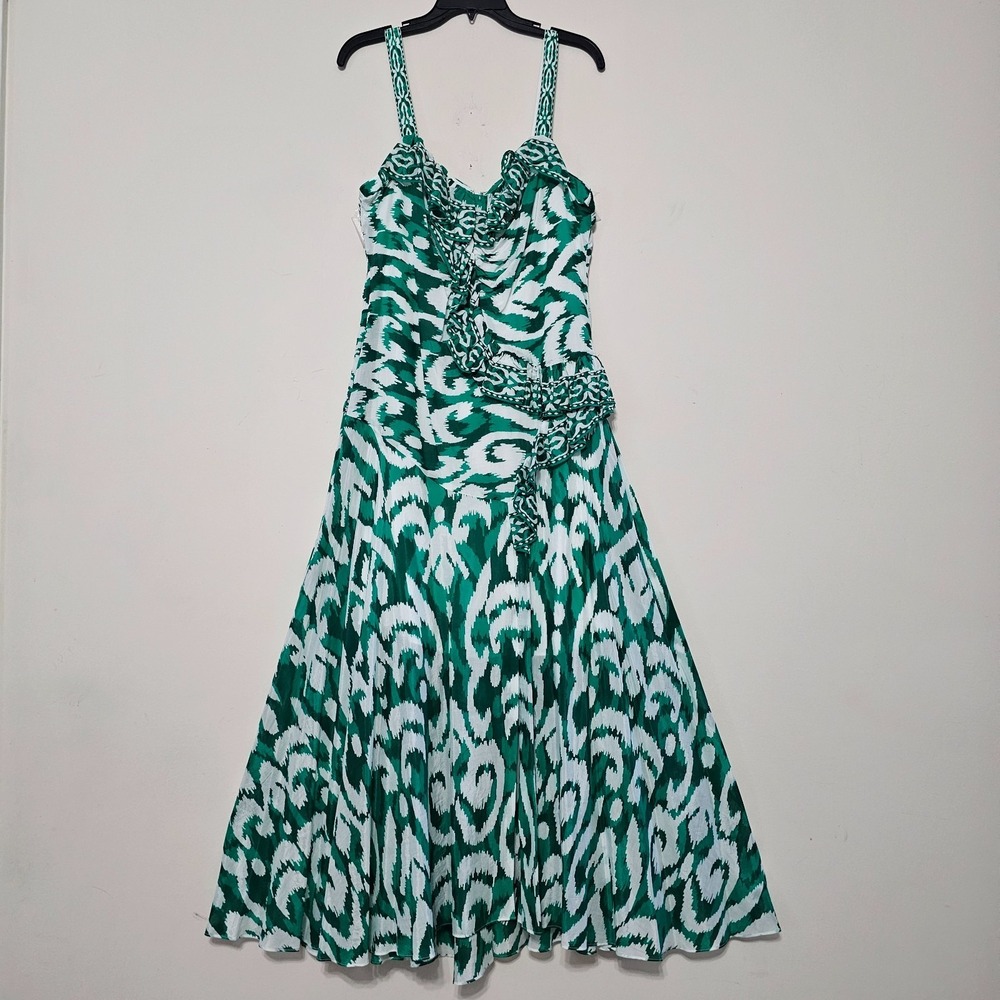Alex Marie Dress‎ 14/Large A-line Green White Front Slit Sleevesless Vneck 0867